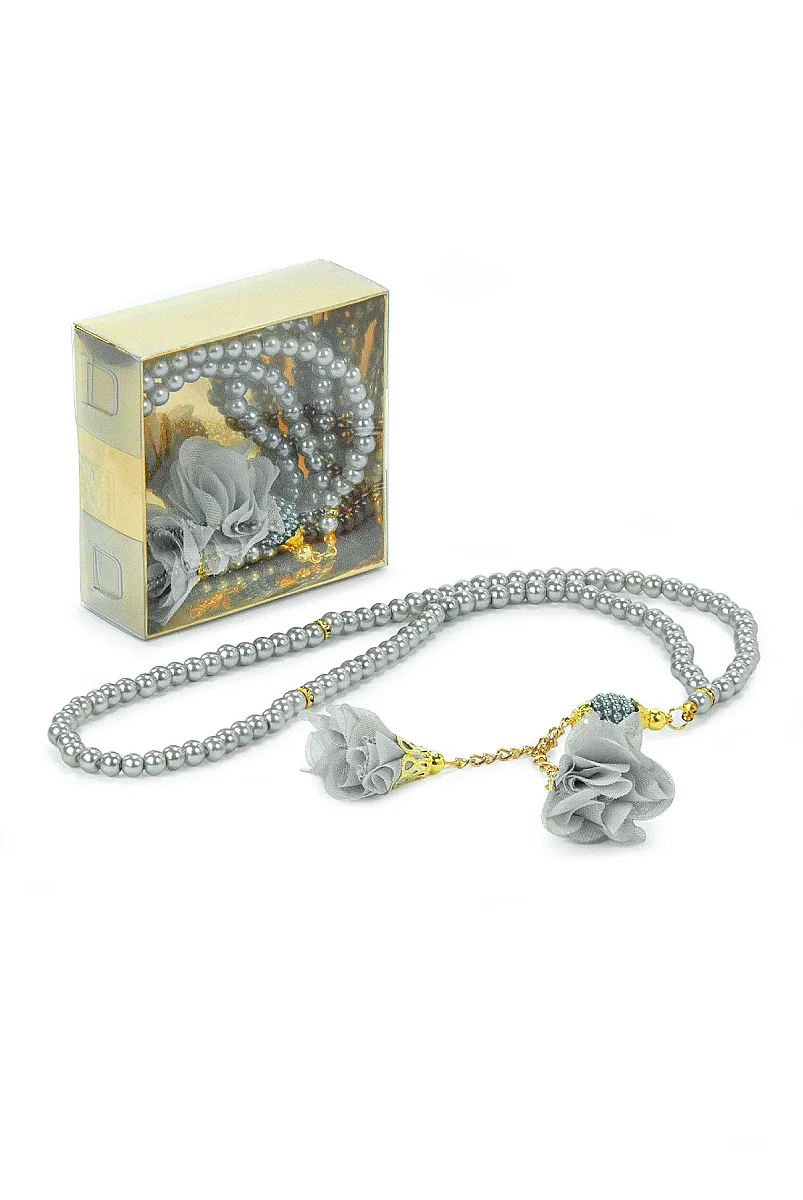 Güllü İnci Görünümlü Tesbih - Kutulu - Hac, Umre , Mevlüd Hediyeliği - Gri - 3