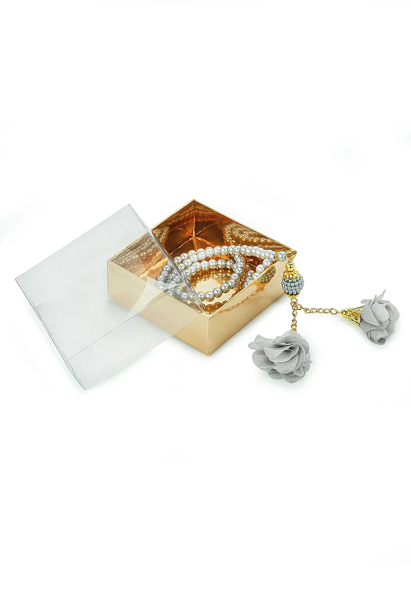 Güllü İnci Görünümlü Tesbih - Kutulu - Hac, Umre , Mevlüd Hediyeliği - Gri - 5