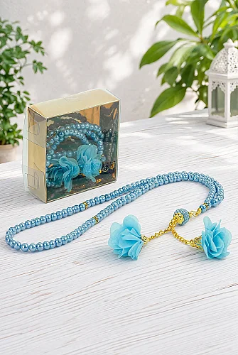 Güllü İnci Görünümlü Tesbih - Kutulu - Hac, Umre , Mevlüd Hediyeliği - Mavi 