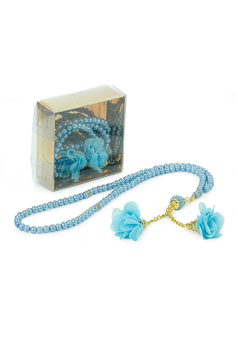 Güllü İnci Görünümlü Tesbih - Kutulu - Hac, Umre , Mevlüd Hediyeliği - Mavi - 2