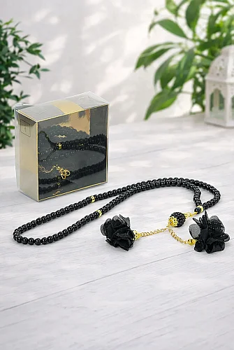 Güllü İnci Görünümlü Tesbih - Kutulu - Hac, Umre , Mevlüd Hediyeliği - Siyah 