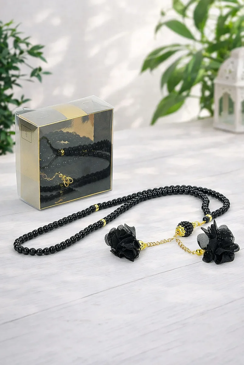 Güllü İnci Görünümlü Tesbih - Kutulu - Hac, Umre , Mevlüd Hediyeliği - Siyah - 1