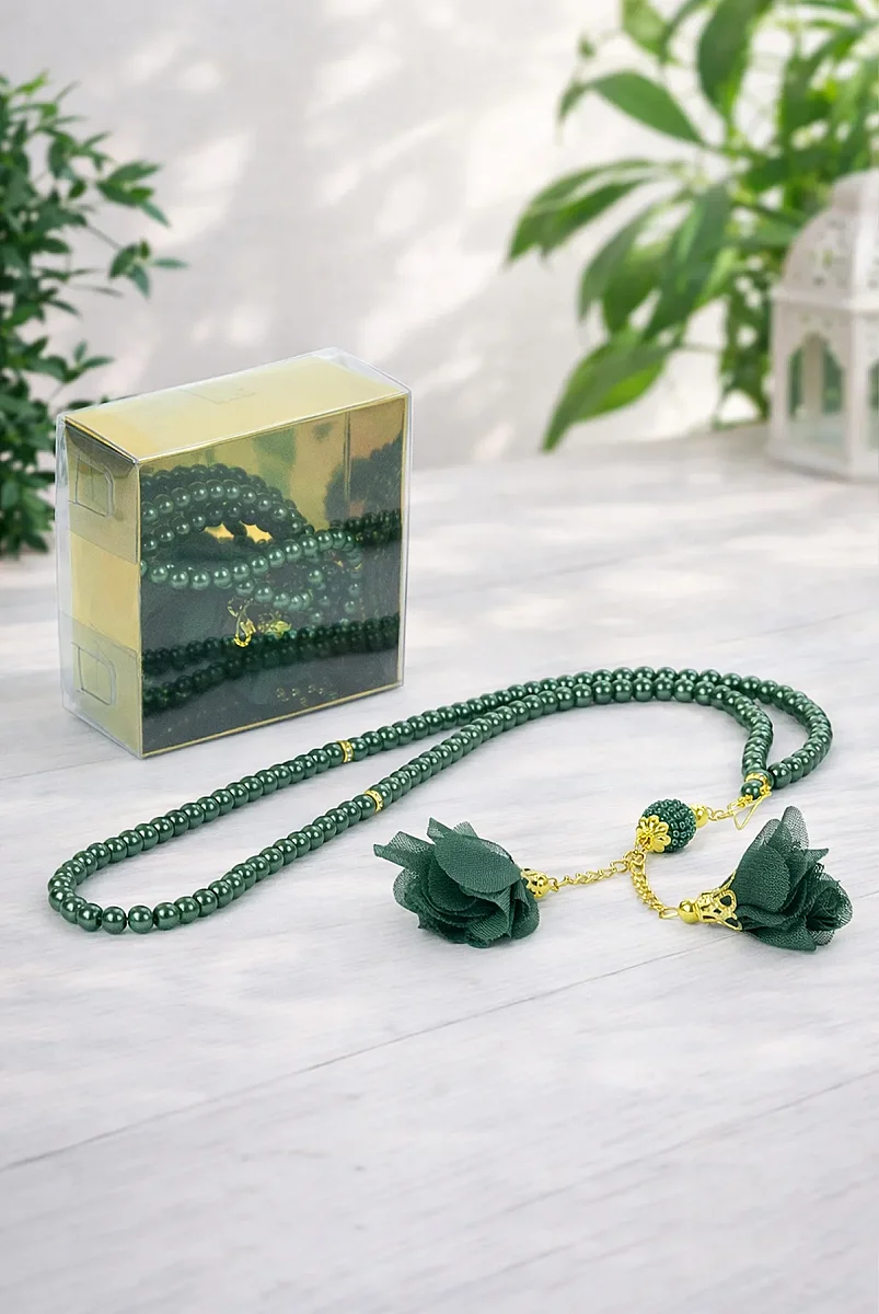 Güllü İnci Görünümlü Tesbih - Kutulu - Hac, Umre , Mevlüd Hediyeliği - Yeşil - 1