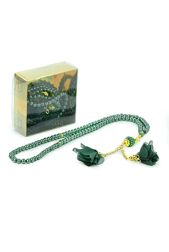 Güllü İnci Görünümlü Tesbih - Kutulu - Hac, Umre , Mevlüd Hediyeliği - Yeşil - 4