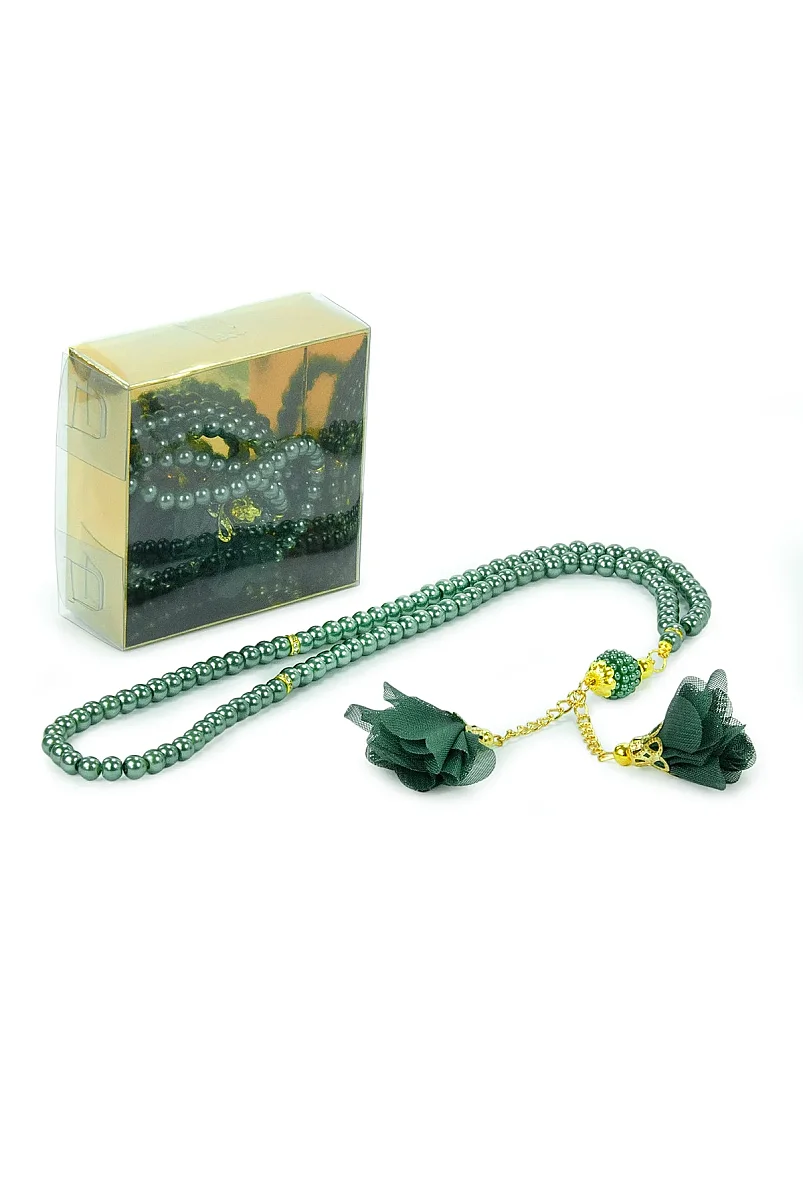 Güllü İnci Görünümlü Tesbih - Kutulu - Hac, Umre , Mevlüd Hediyeliği - Yeşil - 4