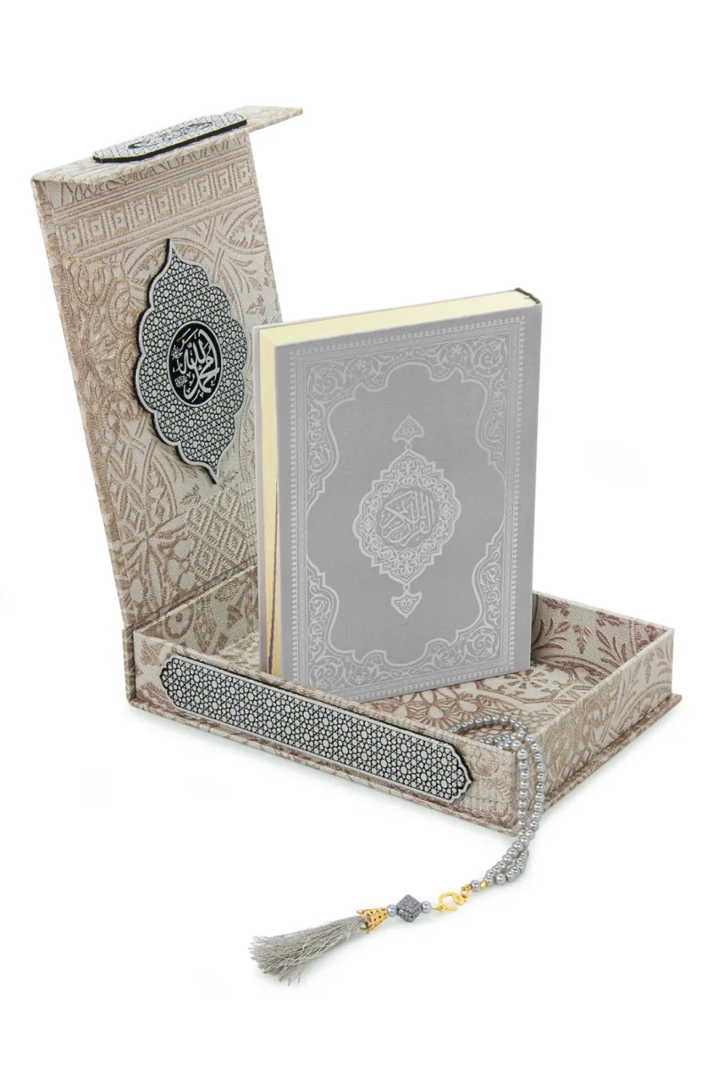 Gümüş Antik Taşlama Plaketli Kuranı Kerim ve Tesbih Kutusu - Krem - 2