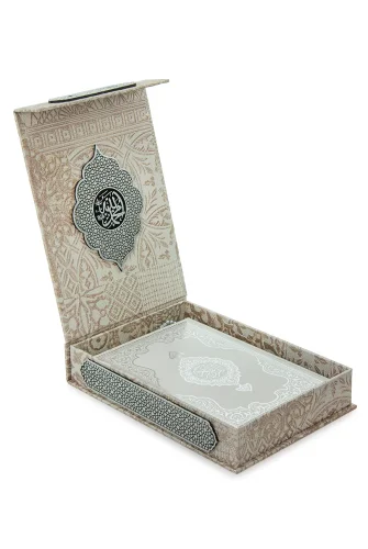 Gümüş Antik Taşlama Plaketli Kuranı Kerim ve Tesbih Kutusu - Krem - 5