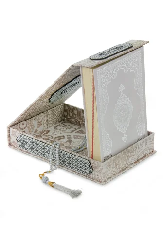 Gümüş Antik Taşlama Plaketli Kuranı Kerim ve Tesbih Kutusu - Krem - 6