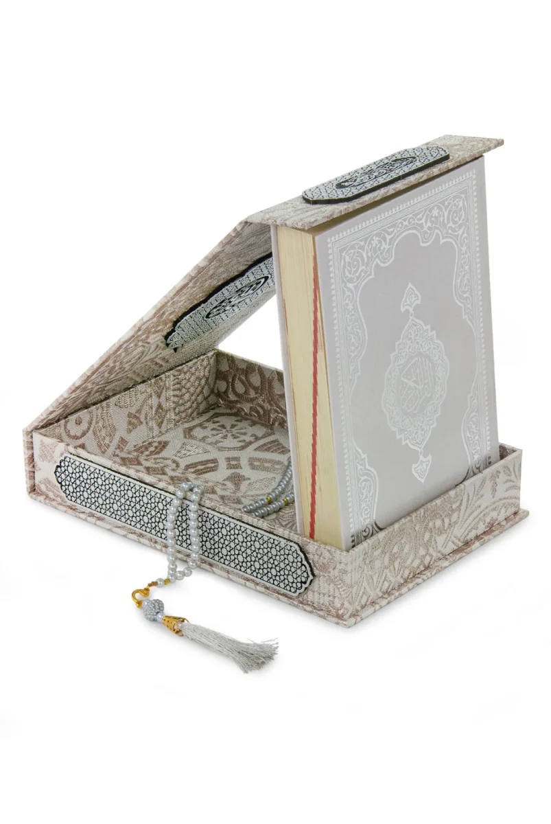 Gümüş Antik Taşlama Plaketli Kuranı Kerim ve Tesbih Kutusu - Krem - 6