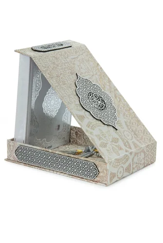 Gümüş Antik Taşlama Plaketli Kuranı Kerim ve Tesbih Kutusu - Krem - 7