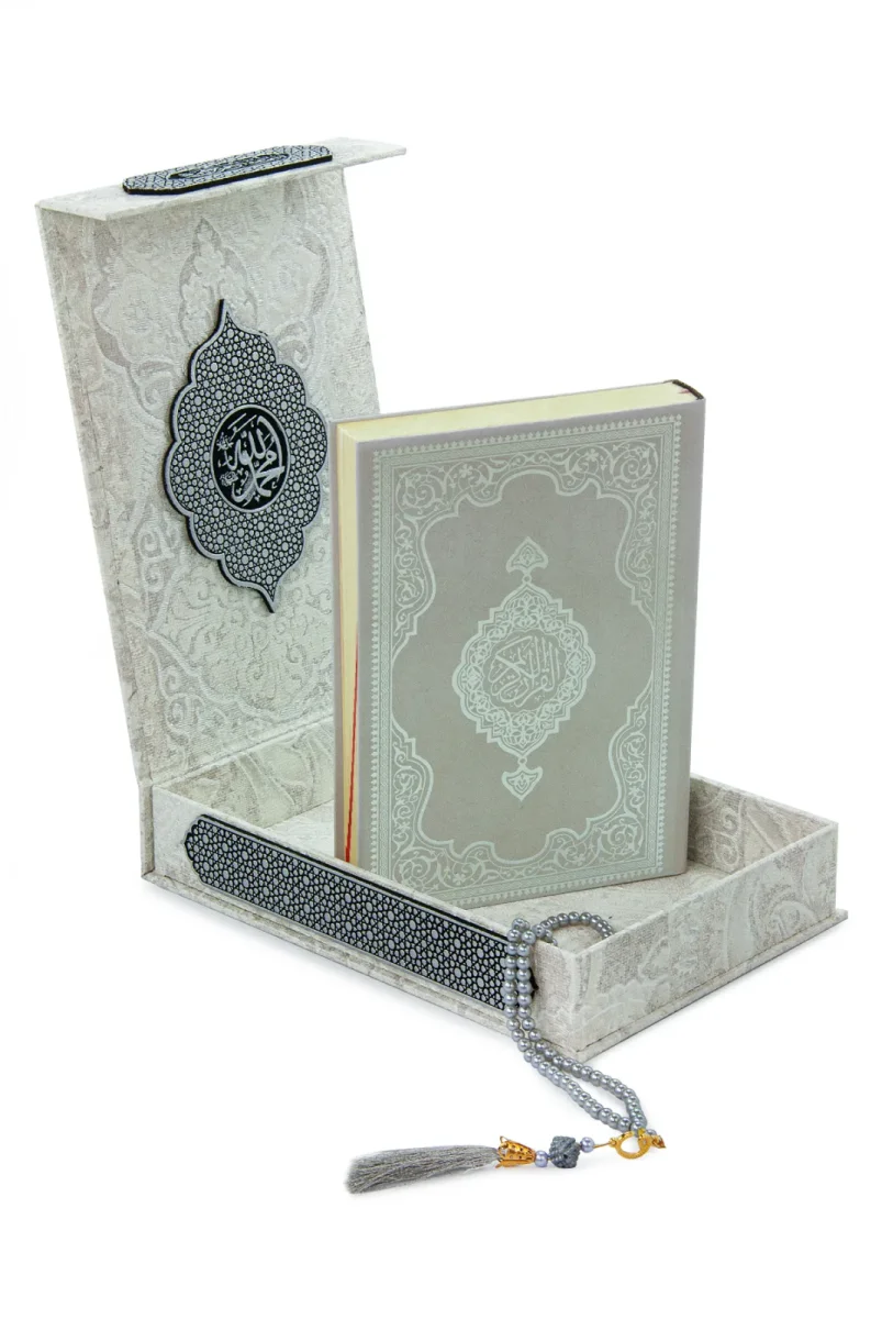 Gümüş Antik Taşlama Plaketli Kuranı Kerim ve Tesbih Kutusu - Gri - 2
