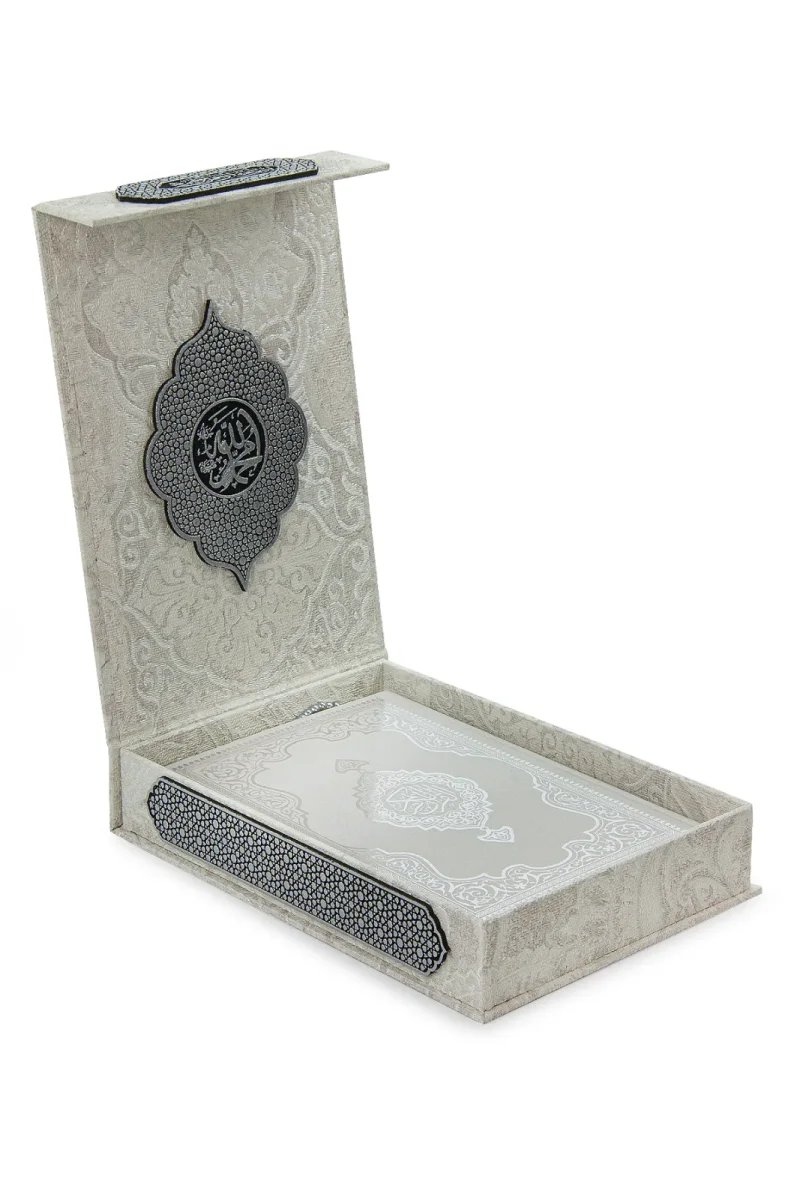 Gümüş Antik Taşlama Plaketli Kuranı Kerim ve Tesbih Kutusu - Gri - 5