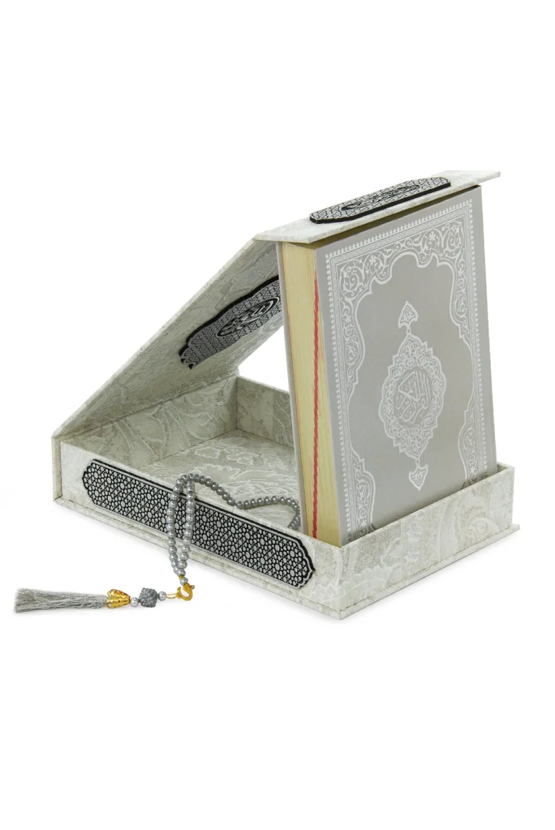 Gümüş Antik Taşlama Plaketli Kuranı Kerim ve Tesbih Kutusu - Gri - 6