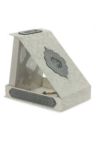 Gümüş Antik Taşlama Plaketli Kuranı Kerim ve Tesbih Kutusu - Gri - 7