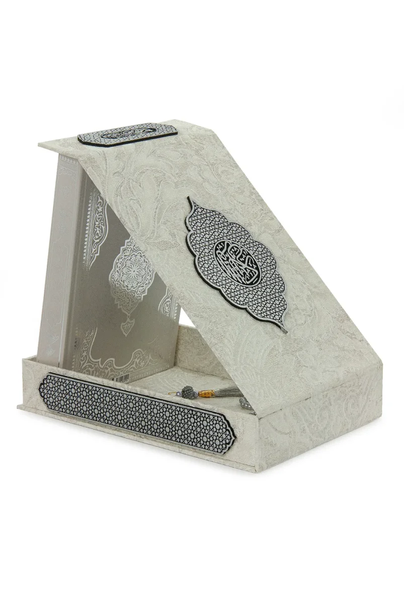 Gümüş Antik Taşlama Plaketli Kuranı Kerim ve Tesbih Kutusu - Gri - 7