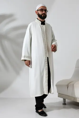 Gümüş Desen İşlemeli Krem Hakim Yaka Çıt Çıtlı, Cepli İmam Cübbesi - ihvanonline (1)