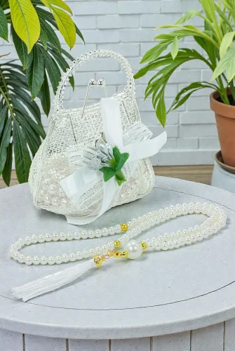 Gümüş Mini Çantalı İnci Tesbihli Mevlüt Hediye Seti - Beyaz 