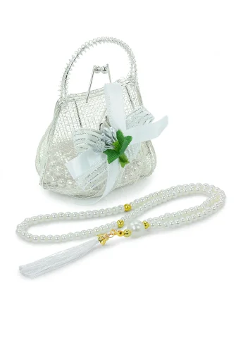 Gümüş Mini Çantalı İnci Tesbihli Mevlüt Hediye Seti - Beyaz - ihvanonline (1)