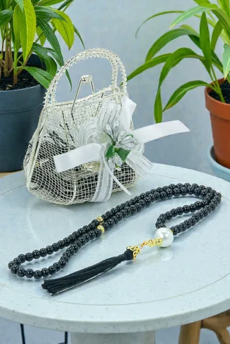 Gümüş Mini Çantalı İnci Tesbihli Mevlüt Hediye Seti - Siyah 