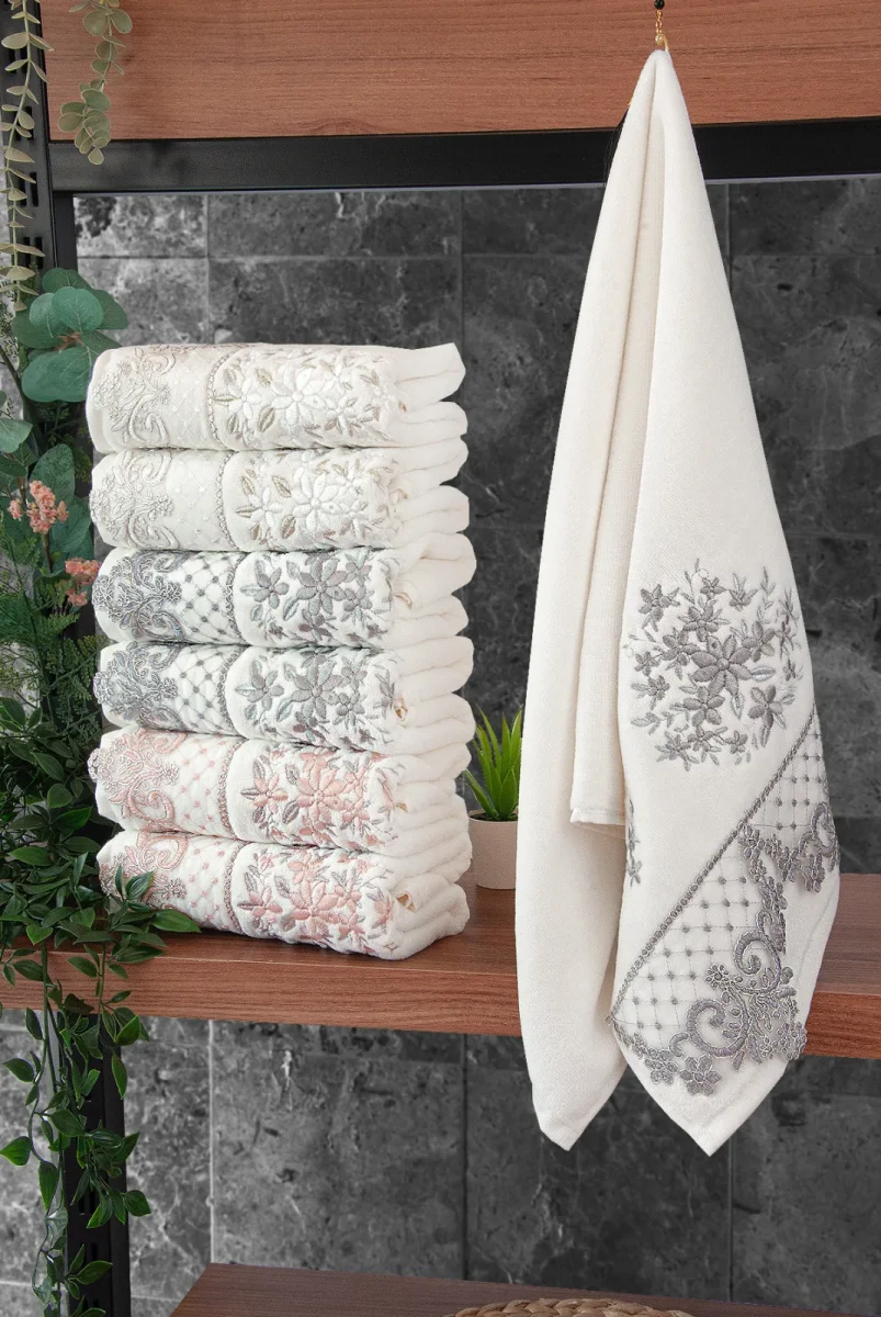 Güpürlü Kadife Nakış İşlemeli Desenli Kutulu Lüks Çeyizlik 6'lı El Yüz Havlu Seti 50x90 - 00274 - 1
