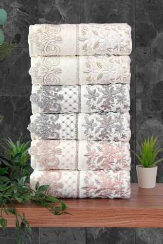 Güpürlü Kadife Nakış İşlemeli Desenli Kutulu Lüks Çeyizlik 6'lı El Yüz Havlu Seti 50x90 - 00274 - ihvanonline (1)