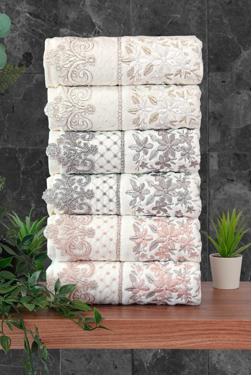 Güpürlü Kadife Nakış İşlemeli Desenli Kutulu Lüks Çeyizlik 6'lı El Yüz Havlu Seti 50x90 - 00274 - 2