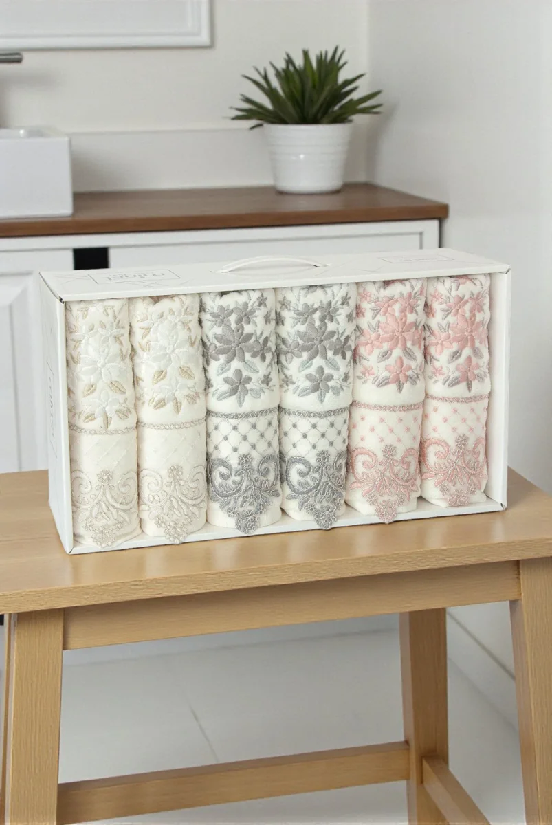 Güpürlü Kadife Nakış İşlemeli Desenli Kutulu Lüks Çeyizlik 6'lı El Yüz Havlu Seti 50x90 - 00274 - 3