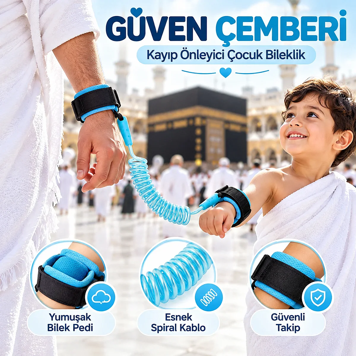Güven Çemberi Kayıp Önleyici Çocuk Güvenlik Bilekliği 360° Dönebilir - Açık Mavi - 1