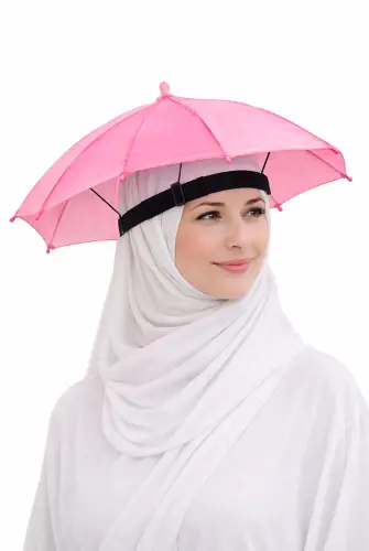 Hac ve Umre Kafa Şemsiyesi - Güneşten Koruyucu Pratik Şapka Şemsiye - Pembe 