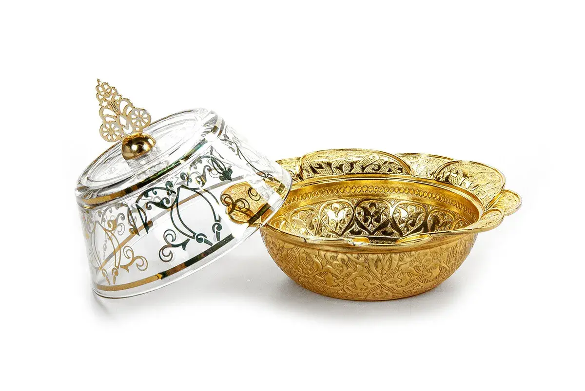 Hac Umrah Glass Covered Sugar Bowl and Date Bowl Gold - 2