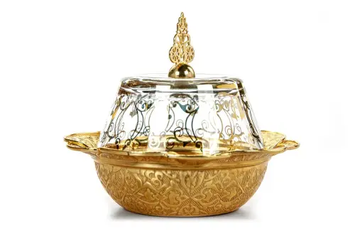 Hac Umrah Glass Covered Sugar Bowl and Date Bowl Gold - 1