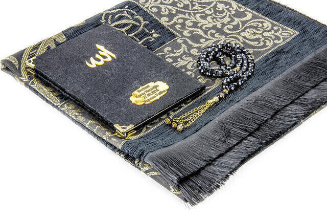 Hac Umre Mevlid Set 24 - Name Printed Velvet Coated Yasin - Seccade - Rosary - Boxed