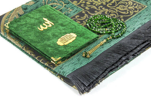 Hac Umre Mevlid Set 27 - Name Printed Velvet Coated Yasin - Seccade - Rosary - Boxed - Thumbnail