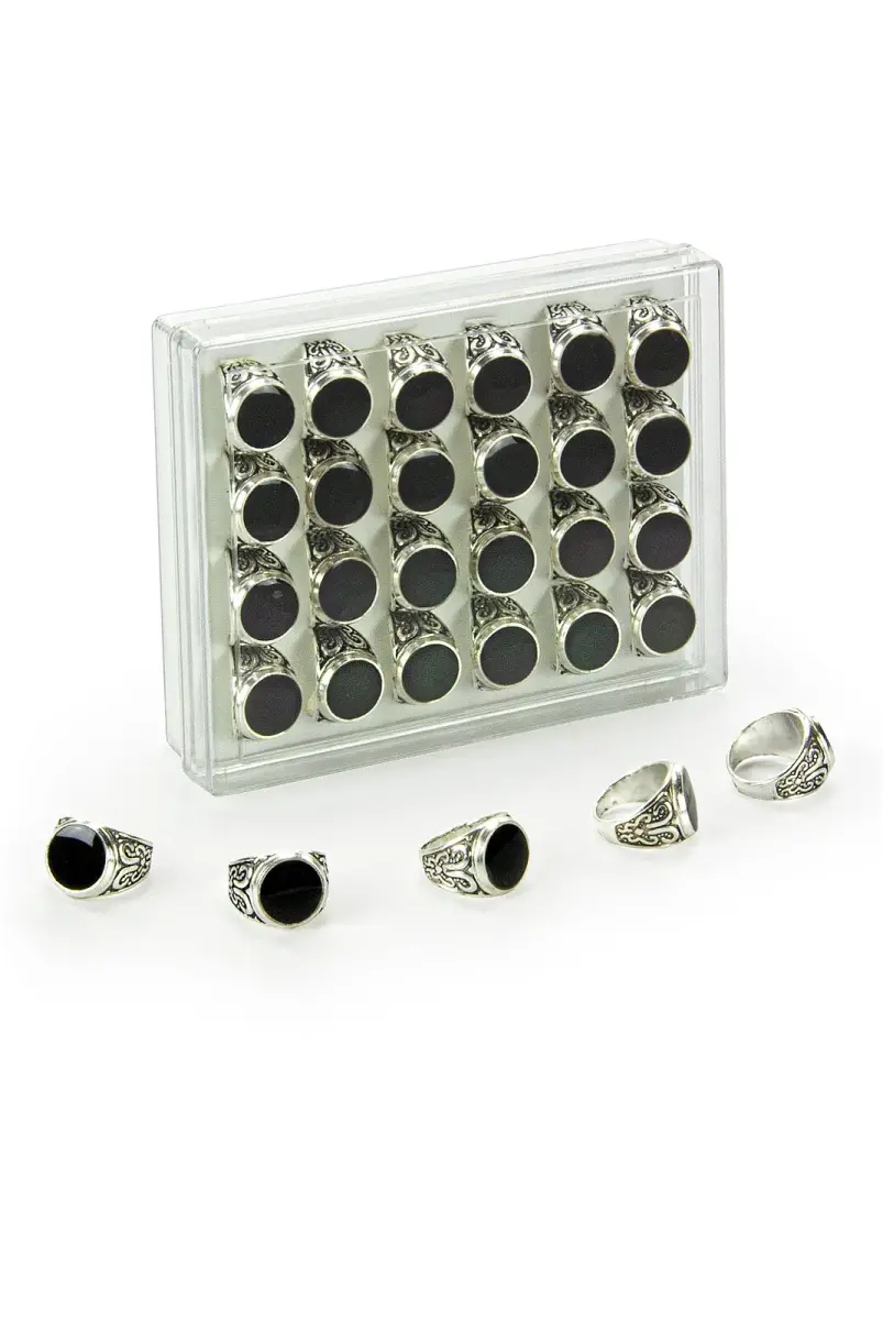 Hajj Umrah Gift 24 Pcs Patterned Oval Silver Color Men's Ring - 1