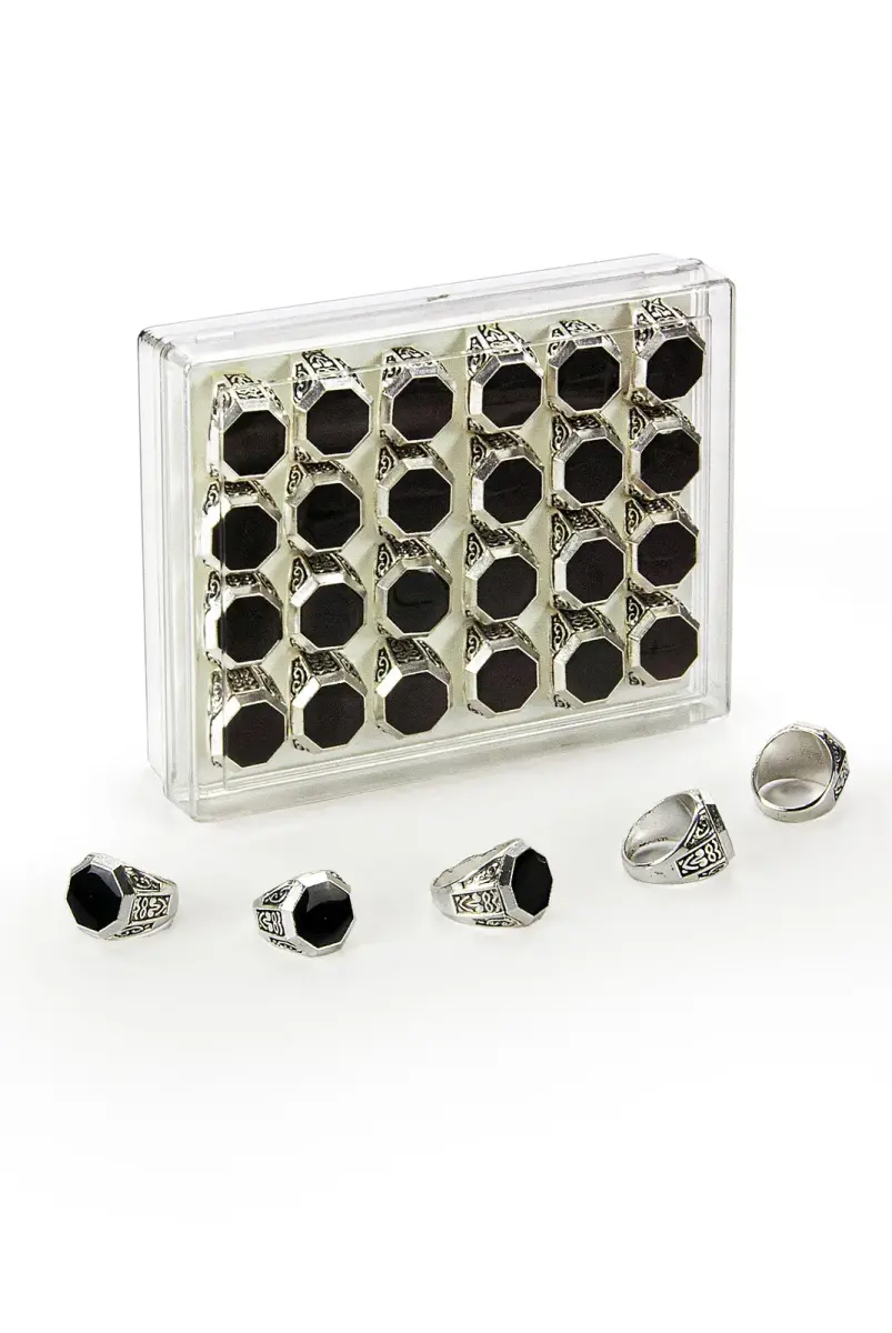 Hajj Umrah Gift 24 Pieces Patterned Octagonal Look Men's Ring - 1