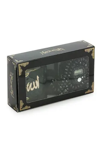 Hajj Umrah Gift Set with Stone Chanting, Mini Quran and Crystal Stone Prayer Beads, Black Color - ihvanonline (1)