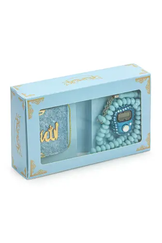 Hajj Umrah Gift Set with Stone Chanting, Mini Quran and Crystal Stone Prayer Beads, Blue Color - ihvanonline (1)