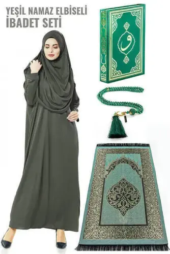 Haki Yeşil Namaz Elbiseli İbadet Seti 