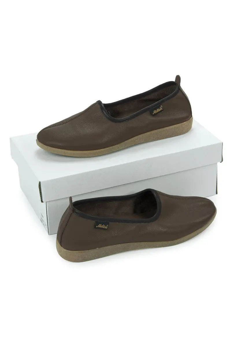 Hakiki Dana Derisi Hac Umre Tavaf Ayakkabısı Kauçuk Tabanlı Rahat ve Dayanıklı Dış Kullanıma Uygun Ayakkabı - Koyu Kahve - 1