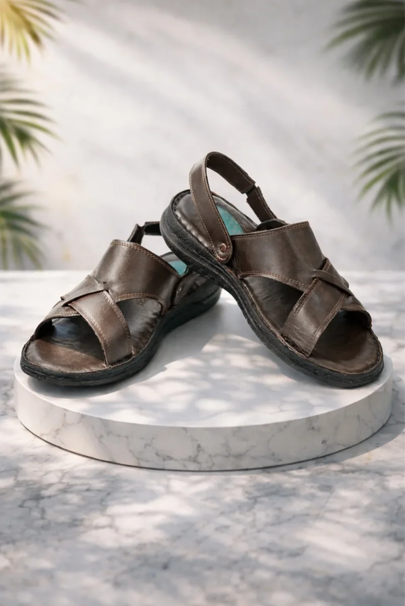 Hakiki Deri Ortopedik Topuk Jelli Erkek Sandalet Terlik - Hac Umre Günlük Rahat Taban Sandalet - Kahverengi - 1