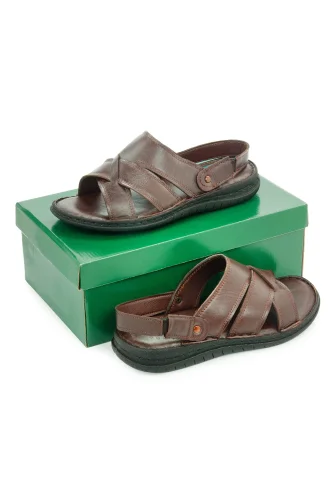 Hakiki Deri Ortopedik Topuk Jelli Erkek Sandalet Terlik - Hac Umre Günlük Rahat Taban Sandalet - Kahverengi - ihvanonline (1)