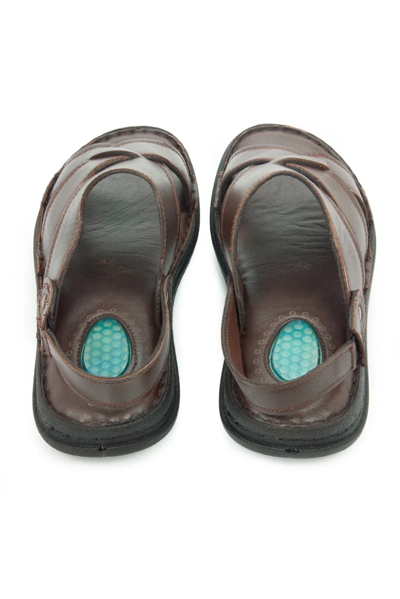 Hakiki Deri Ortopedik Topuk Jelli Erkek Sandalet Terlik - Hac Umre Günlük Rahat Taban Sandalet - Kahverengi - 5