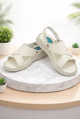 Hakiki Deri Ortopedik Topuk Jelli Erkek Sandalet Terlik - Hac Umre Günlük Rahat Taban Sandalet - Krem - 1
