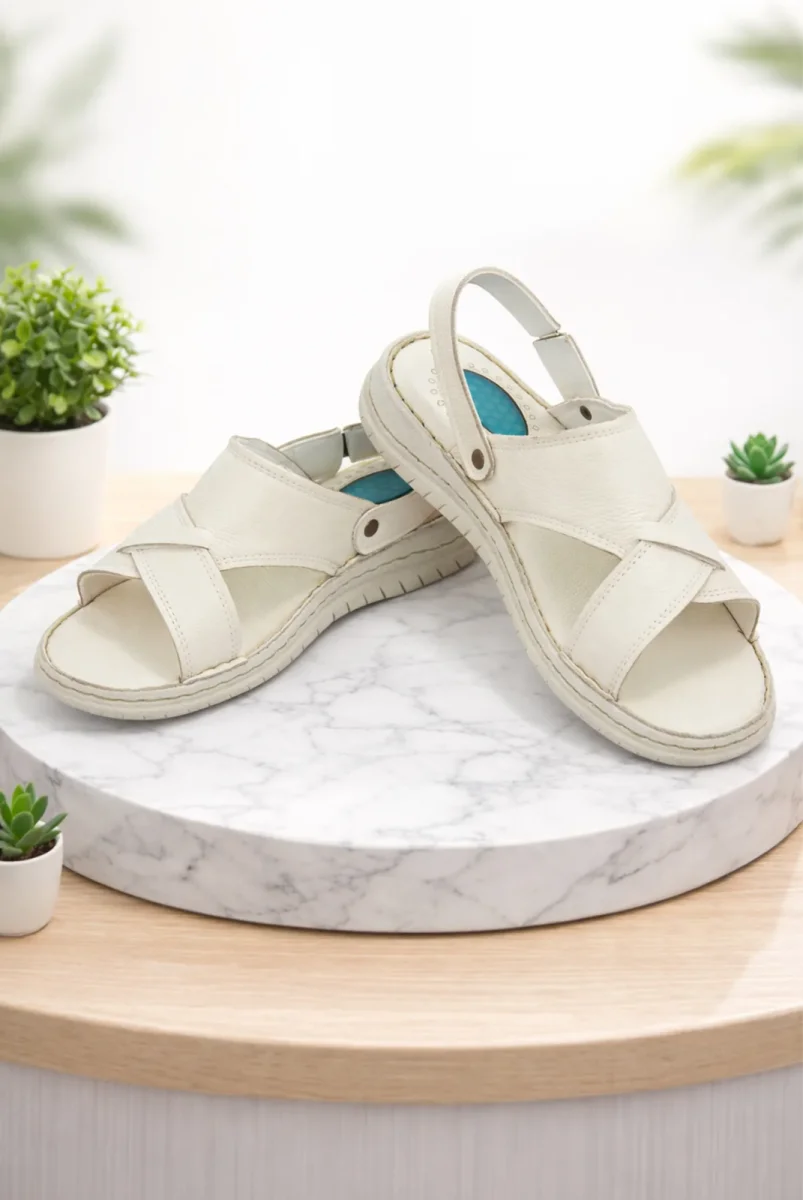 Hakiki Deri Ortopedik Topuk Jelli Erkek Sandalet Terlik - Hac Umre Günlük Rahat Taban Sandalet - Krem - 1