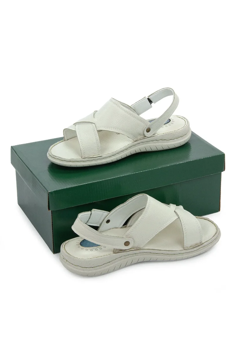 Hakiki Deri Ortopedik Topuk Jelli Erkek Sandalet Terlik - Hac Umre Günlük Rahat Taban Sandalet - Krem - 2