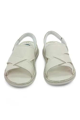 Hakiki Deri Ortopedik Topuk Jelli Erkek Sandalet Terlik - Hac Umre Günlük Rahat Taban Sandalet - Krem - 3