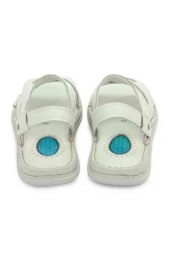 Hakiki Deri Ortopedik Topuk Jelli Erkek Sandalet Terlik - Hac Umre Günlük Rahat Taban Sandalet - Krem - 6