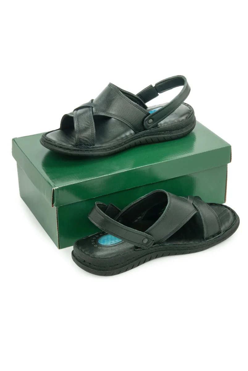 Hakiki Deri Ortopedik Topuk Jelli Erkek Sandalet Terlik - Hac Umre Günlük Rahat Taban Sandalet - Siyah - 2