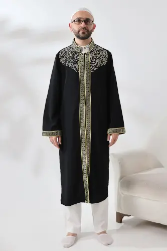 Siyah Hakim Yaka Erkek Namaz Elbisesi Şerit Nakış İşlemeli İmam Cübbesi 