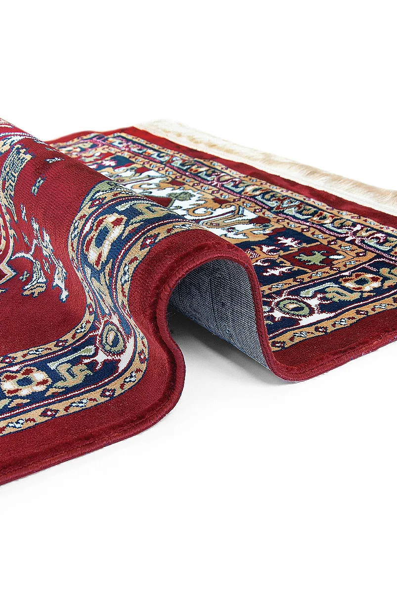 Halı Seccade Desenli – Klasik Motifli Kaymaz Tabanlı Namazlık - Kırmızı - 4